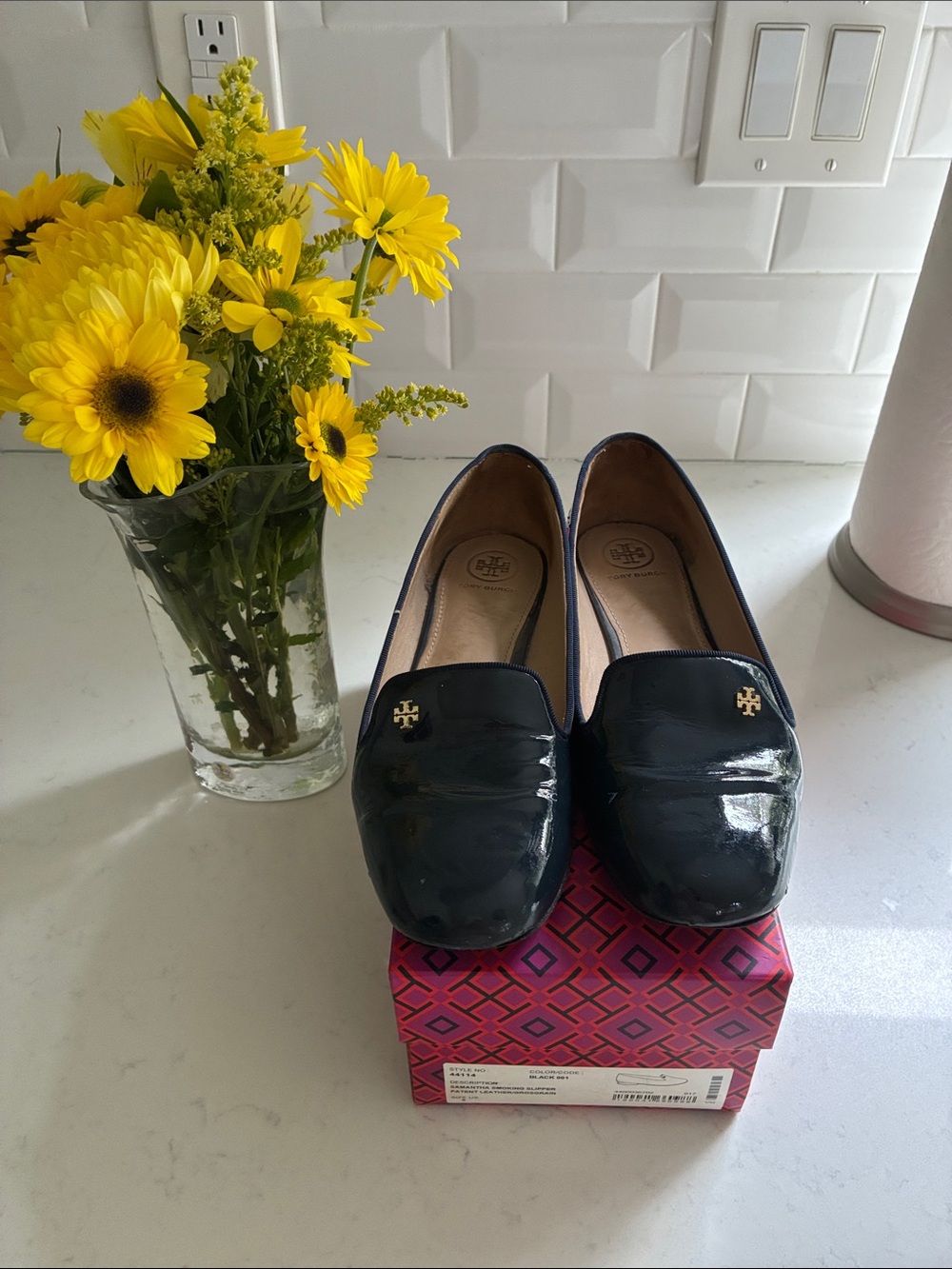 Tory Burch Navy Patent Leather Loafers with Gold Logo